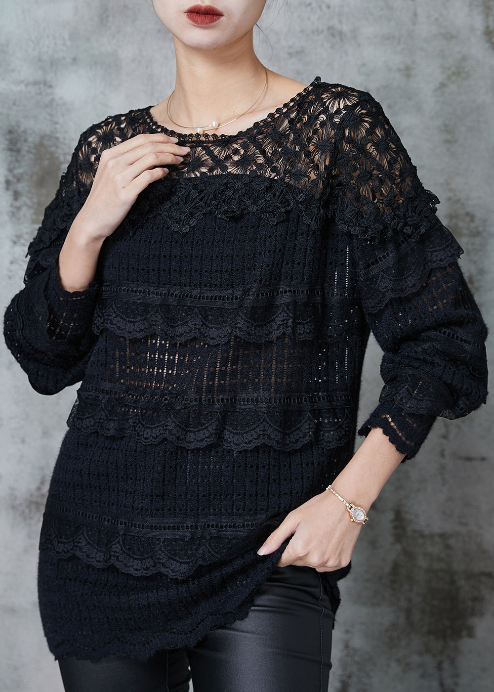 Black Hollow Out Patchwork Lace Knit Shirts Spring