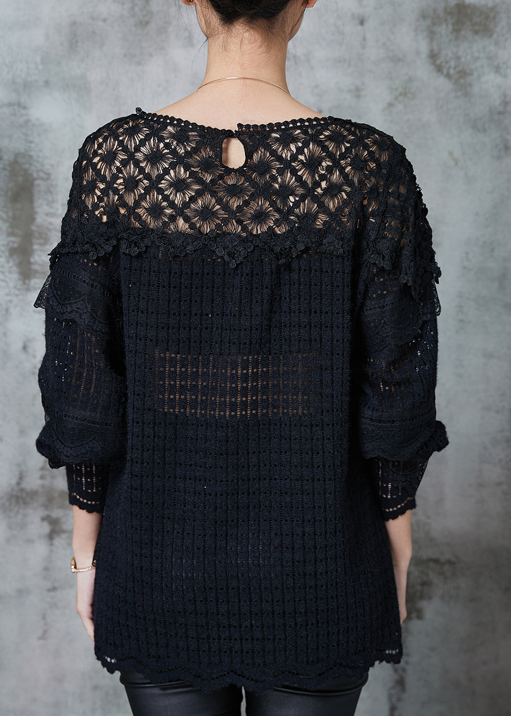 Black Hollow Out Patchwork Lace Knit Shirts Spring