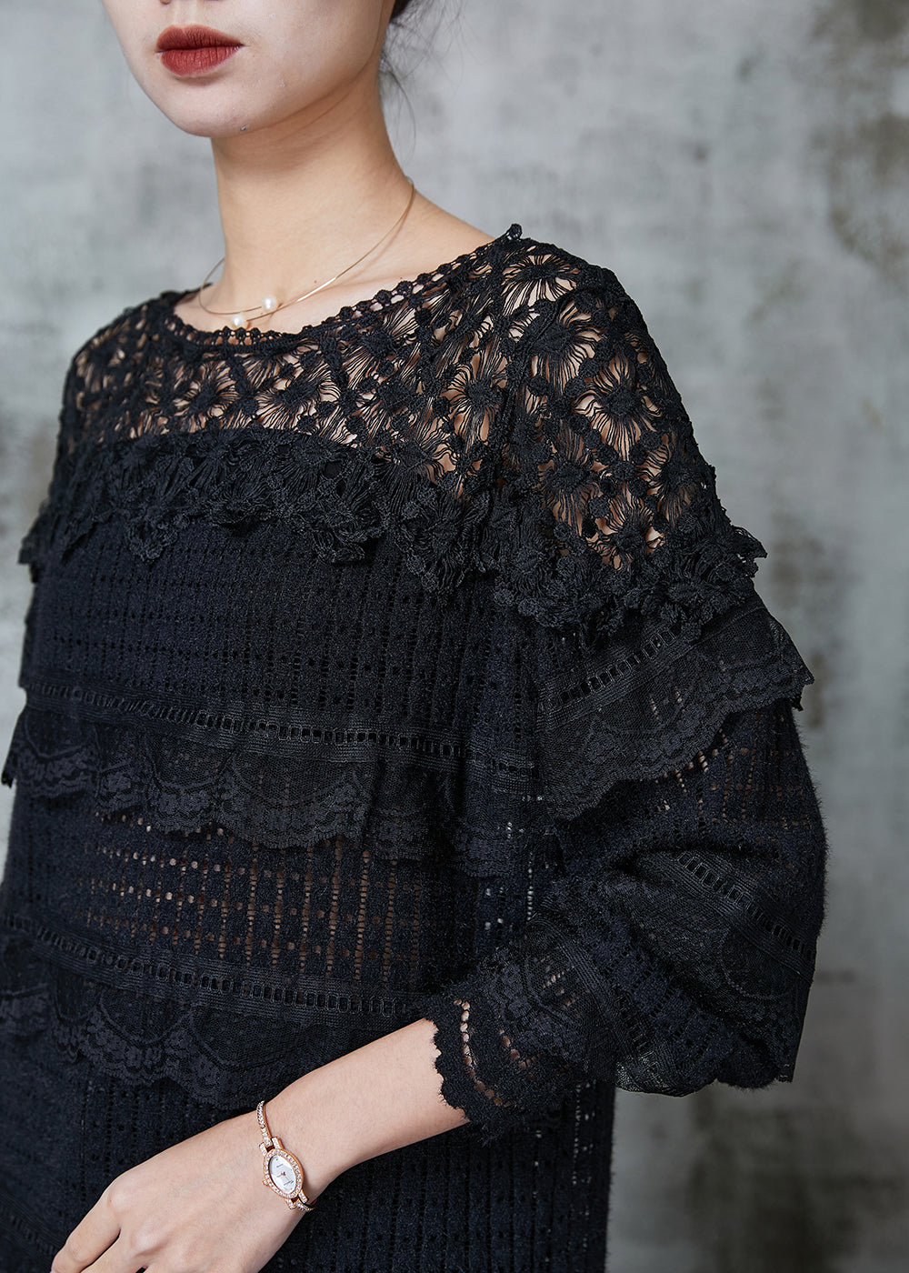 Black Hollow Out Patchwork Lace Knit Shirts Spring
