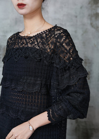 Black Hollow Out Patchwork Lace Knit Shirts Spring