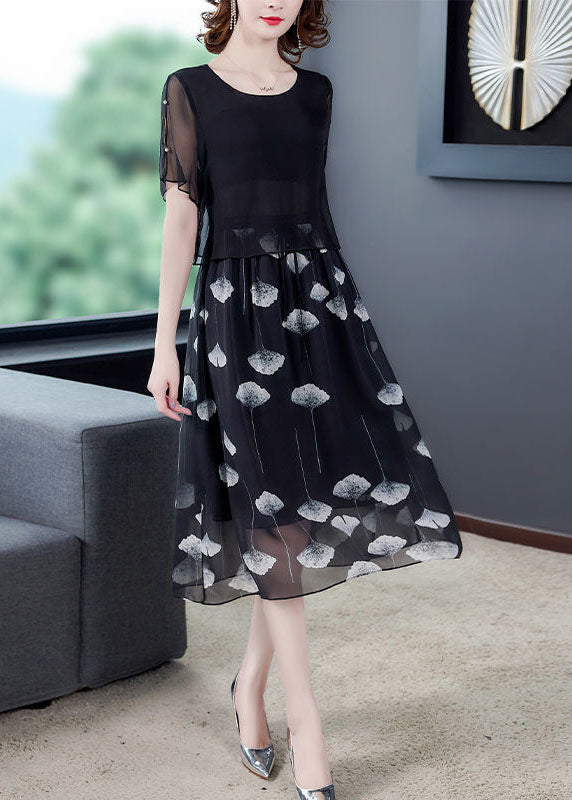 Black Hollow Out Patchwork Silk Fake Two Piece Dress Summer