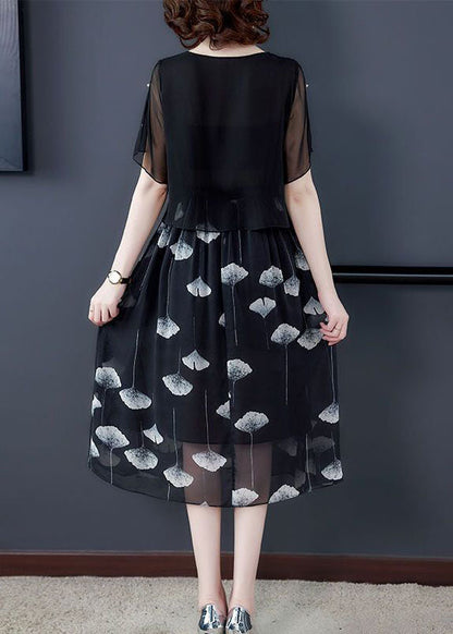 Black Hollow Out Patchwork Silk Fake Two Piece Dress Summer