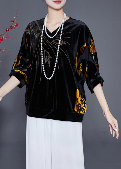 Black Hollow Out Zircon Silk Velour Shirt Top Half Sleeve