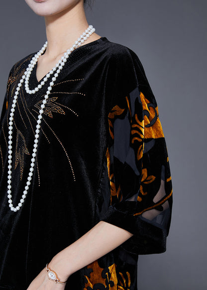 Black Hollow Out Zircon Silk Velour Shirt Top Half Sleeve
