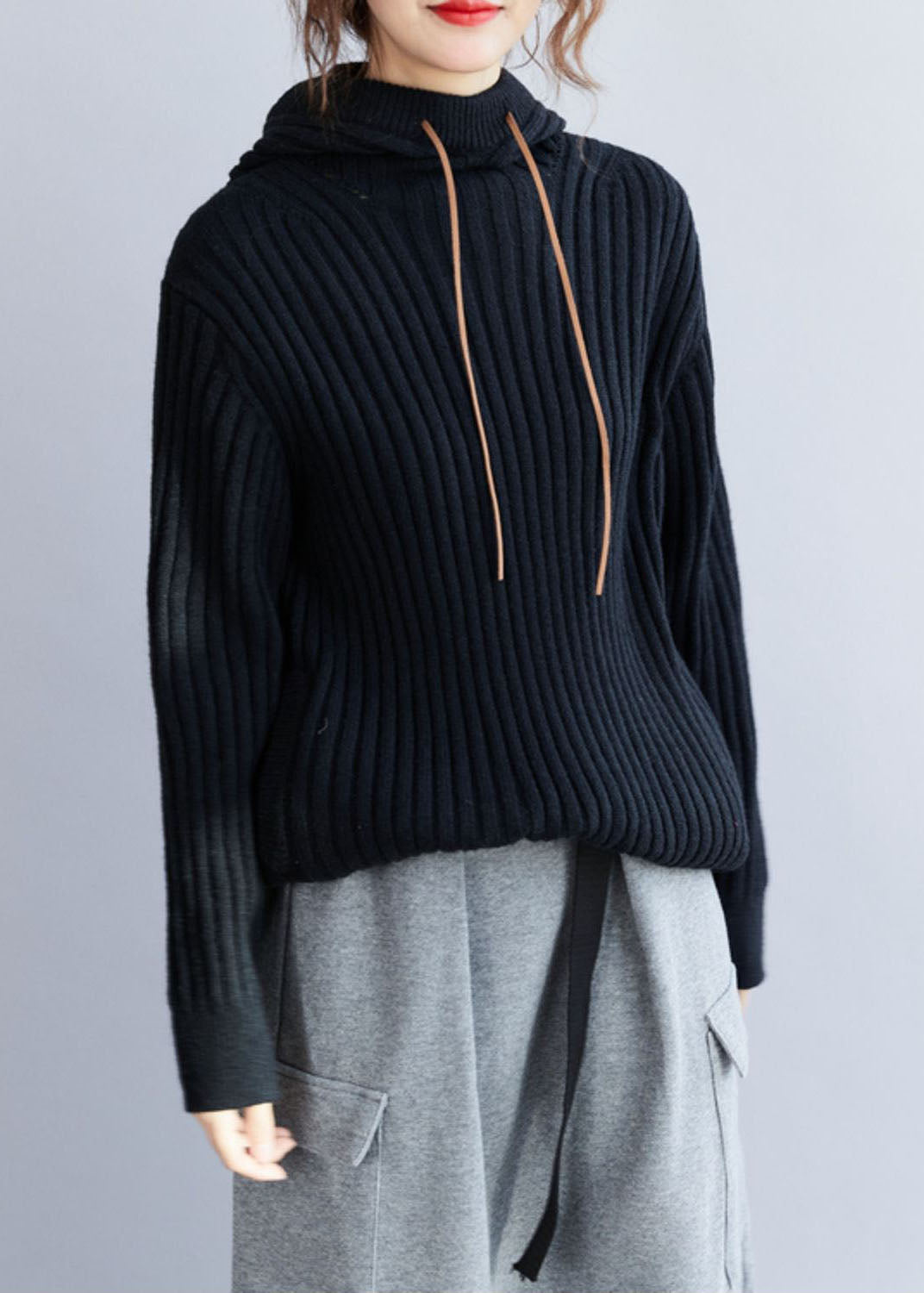 Black Hooded Drawstring Thick Knit Pullover Winter
