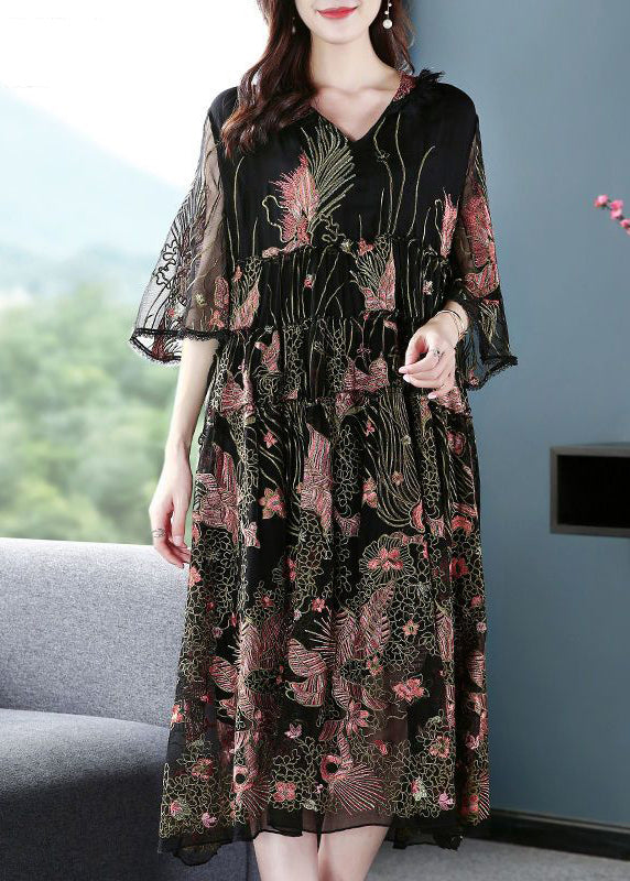 Black Hooded Embroideried Silk a Line Dress Summer