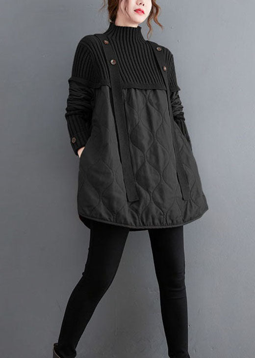 Black Knit Patchwork Fine Cotton Filled Sweaters Winter
