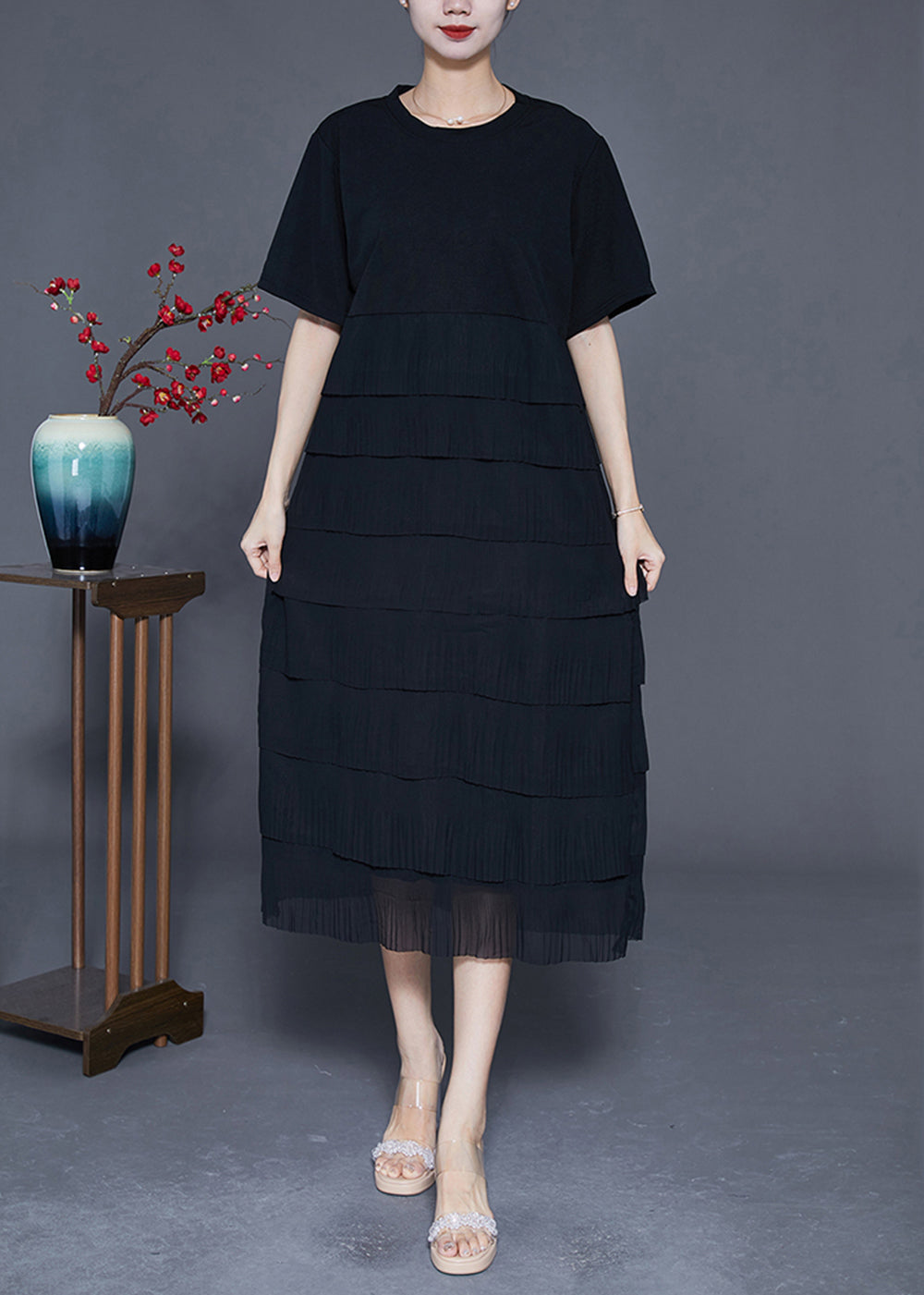 Black Layered Ruffles Wrinkled Chiffon Long Dress Summer