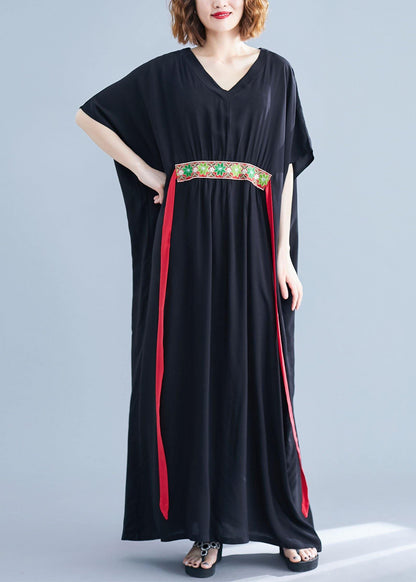 Black Loose V Neck Bat Wing Sleeve Summer Vacation Dress
