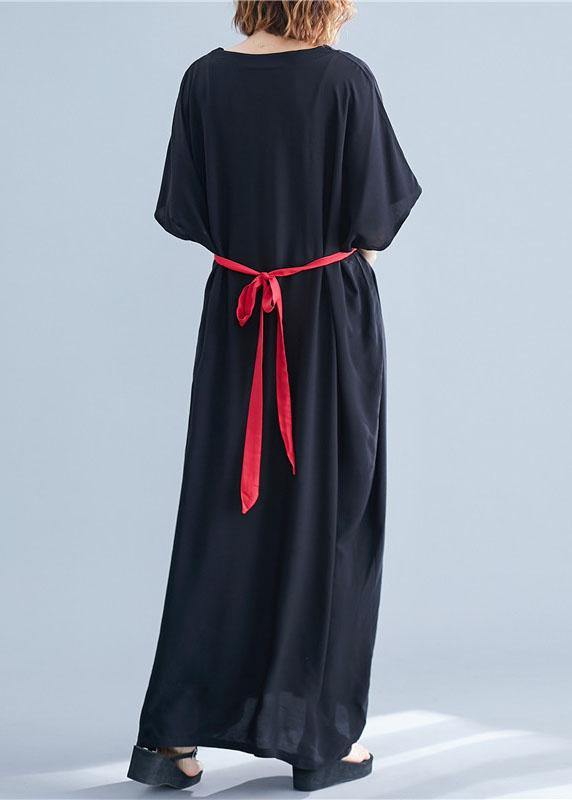 Black Loose V Neck Bat Wing Sleeve Summer Vacation Dress