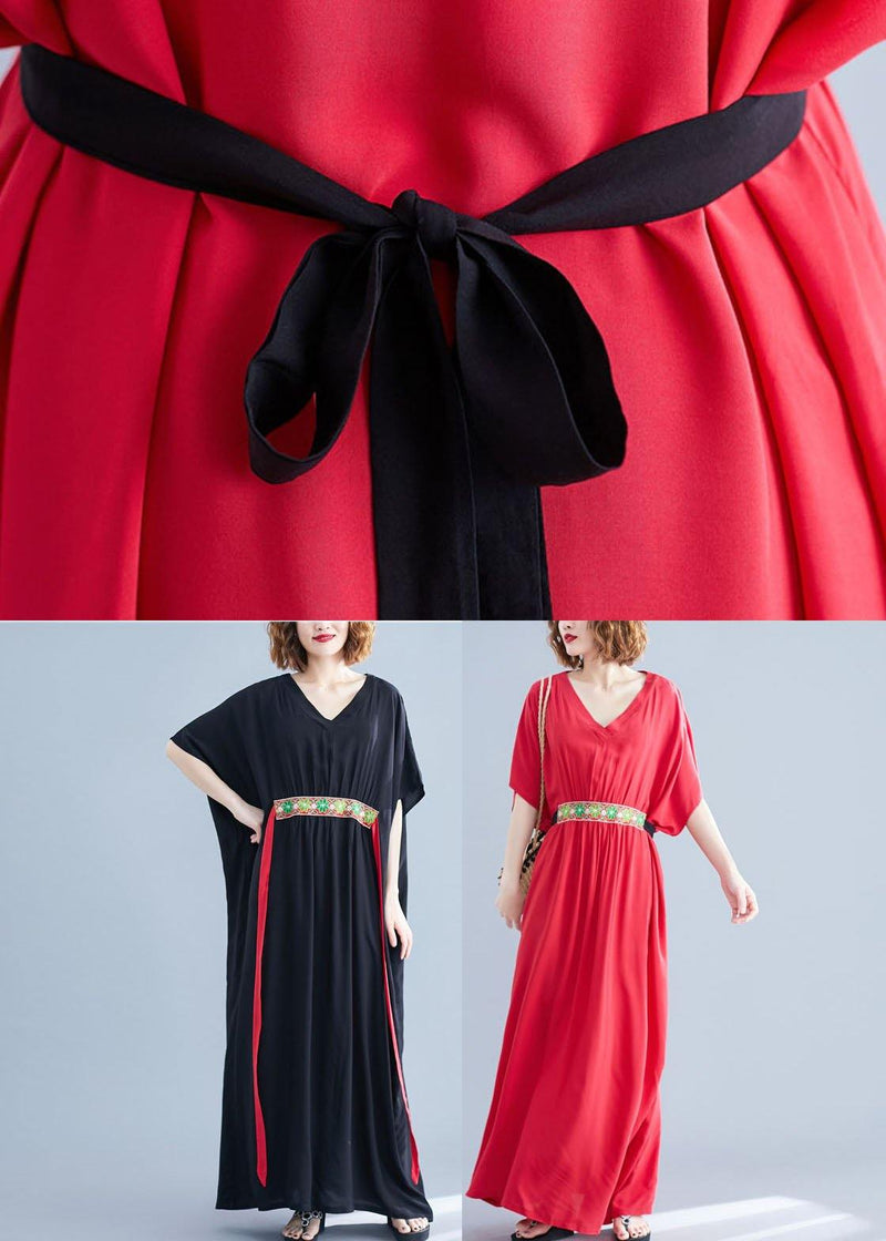Black Loose V Neck Bat Wing Sleeve Summer Vacation Dress