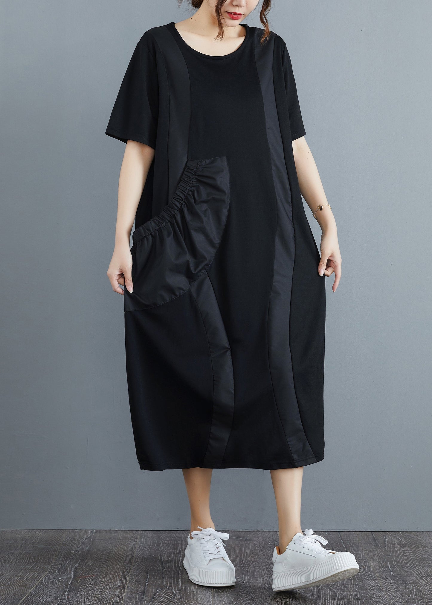 Black O-neck Big Pocket Patchwork Long Dress Short Sleeve