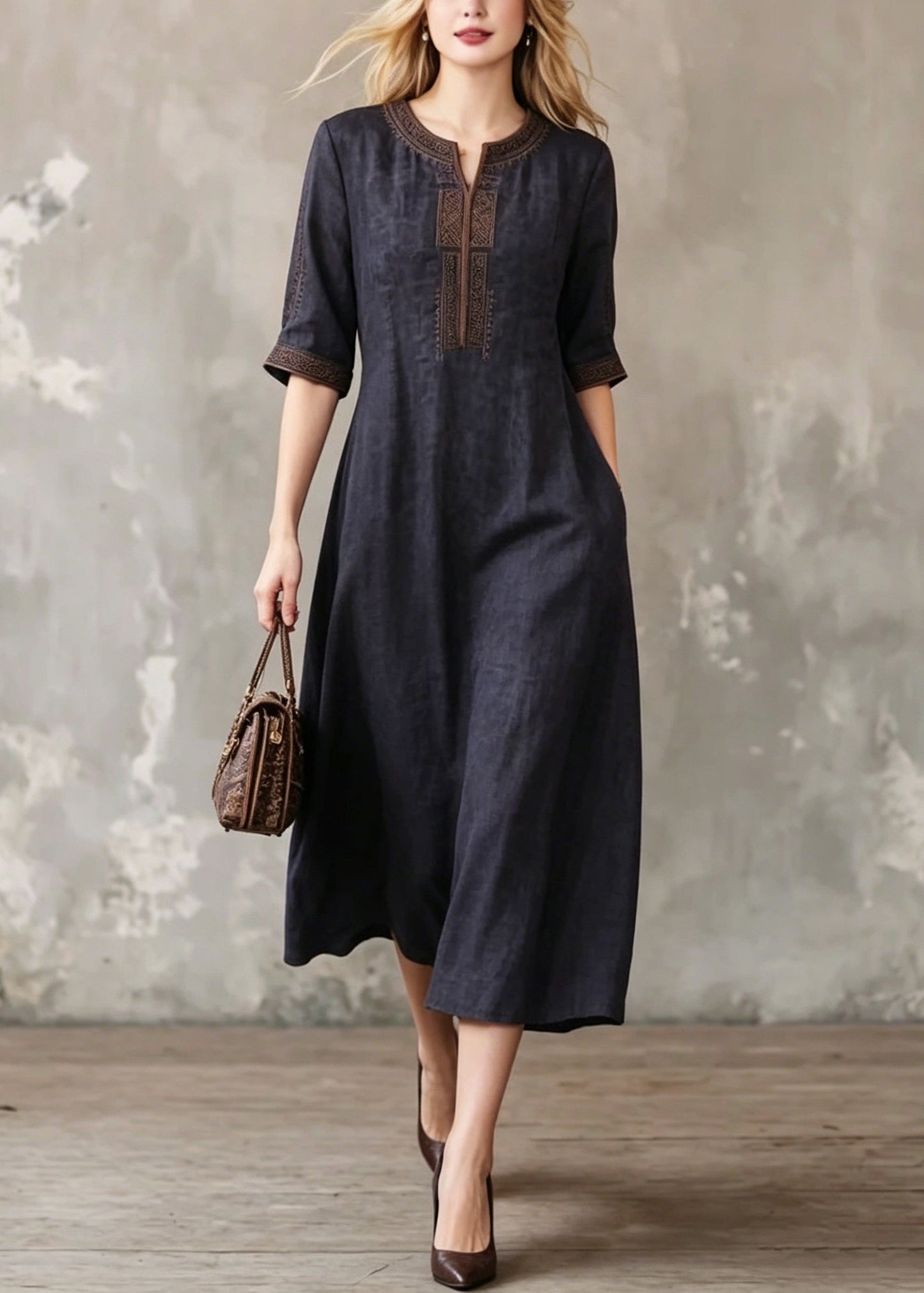 Black O-neck Embroidered Silk Dress Summer