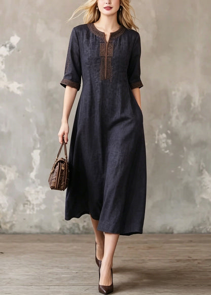 Black O-neck Embroidered Silk Dress Summer