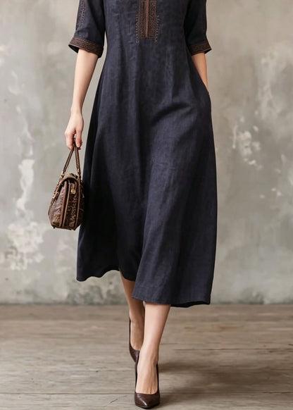 Black O-neck Embroidered Silk Dress Summer