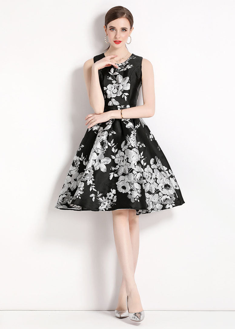Black O Neck Jacquard Patchwork Chiffon Mid Dress Sleeveless