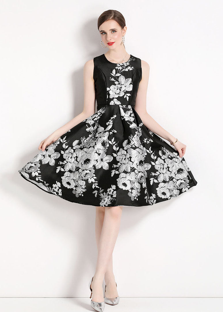 Black O Neck Jacquard Patchwork Chiffon Mid Dress Sleeveless