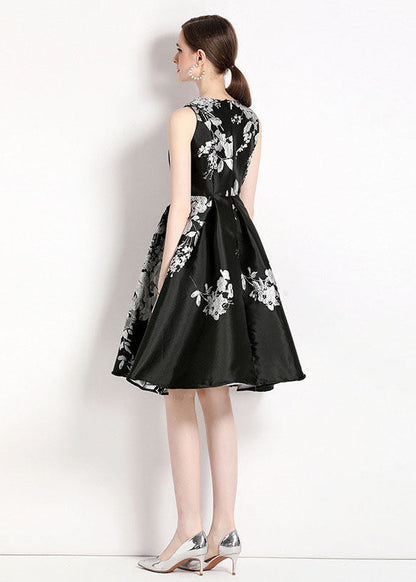 Black O Neck Jacquard Patchwork Chiffon Mid Dress Sleeveless