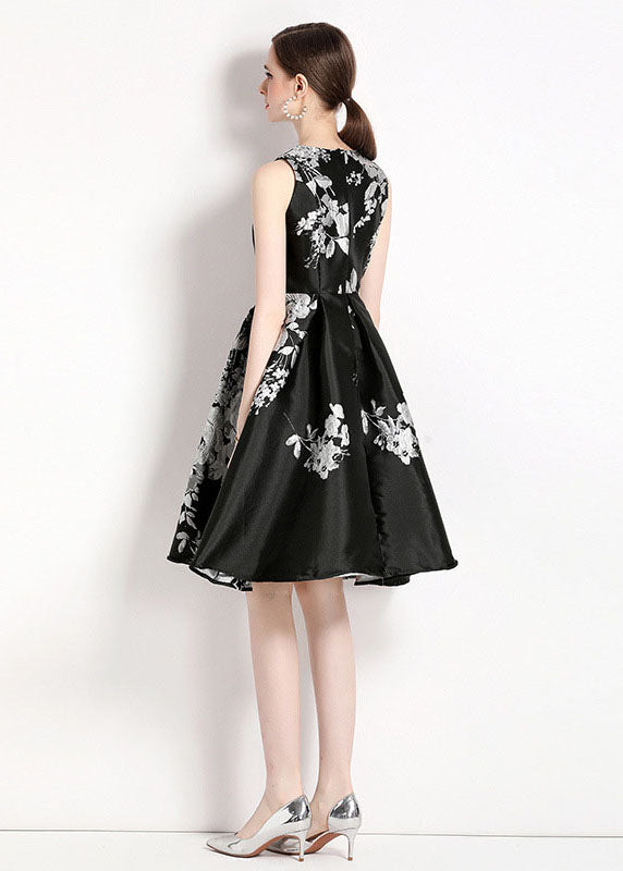 Black O Neck Jacquard Patchwork Chiffon Mid Dress Sleeveless