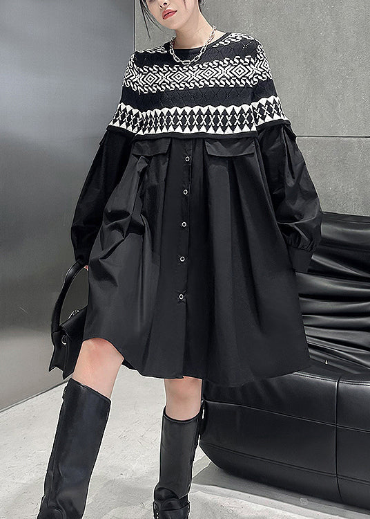 Black O Neck Knit Patchwork Cotton Dresses Spring