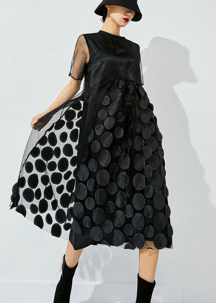 Red O-neck Patchwork Dot Tulle Holiday Dress Summer