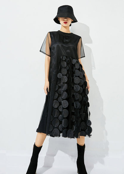 Blue O-neck Patchwork Dot Tulle Holiday Dress Summer
