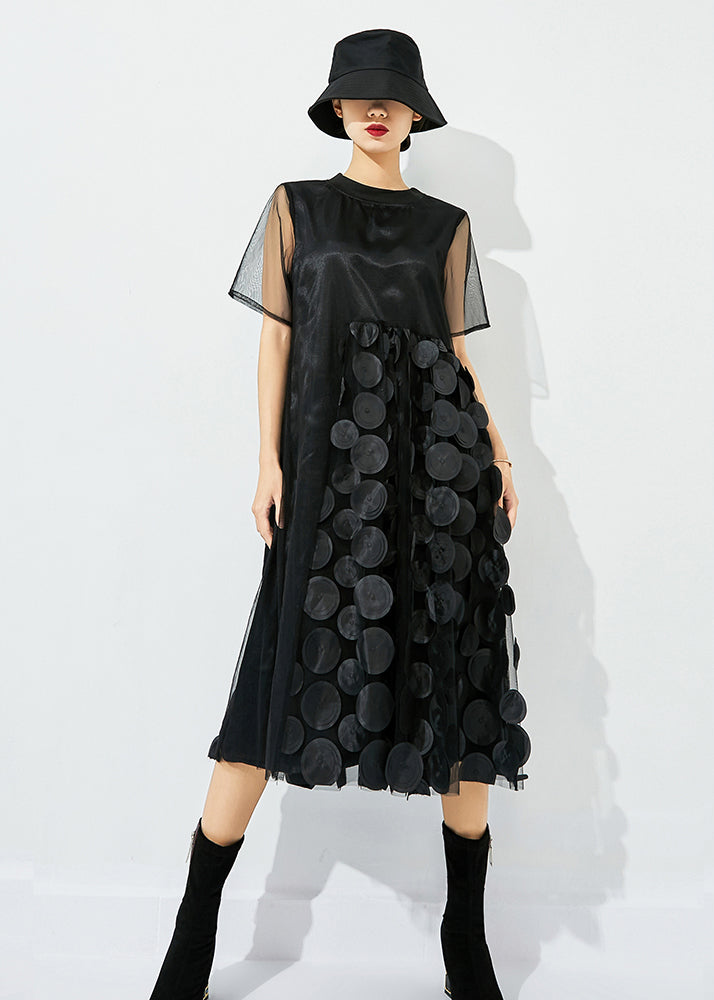 Light Green O-neck Patchwork Dot Tulle Holiday Dress Summer