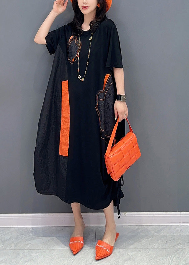 Black O-neck Patchwork Drawstring Holiday Long Dress Short Sleeve