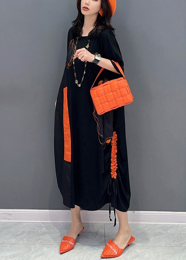 Black O-neck Patchwork Drawstring Holiday Long Dress Short Sleeve