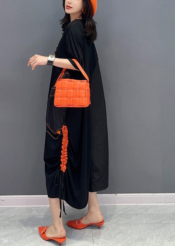Black O-neck Patchwork Drawstring Holiday Long Dress Short Sleeve