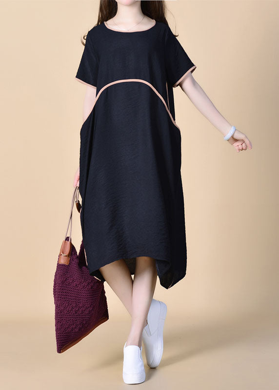 Black O Neck Patchwork Linen Dress Summer