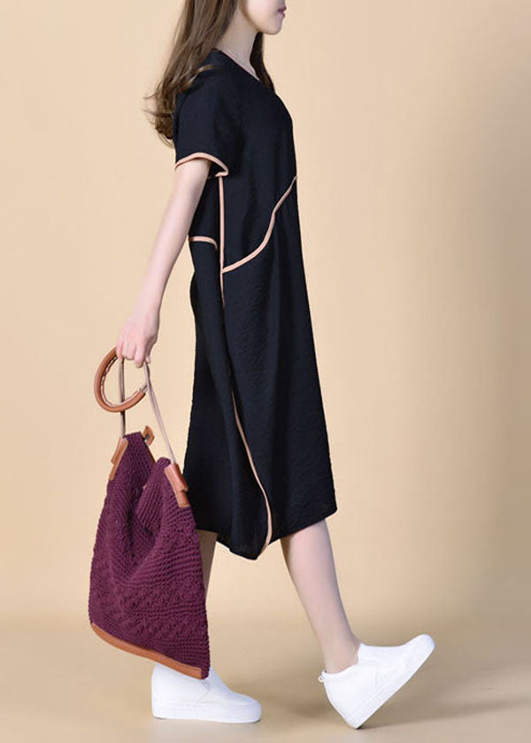 Black O Neck Patchwork Linen Dress Summer