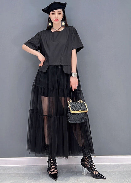 Black O-neck Patchwork Tulle Long Dress Short Sleeve