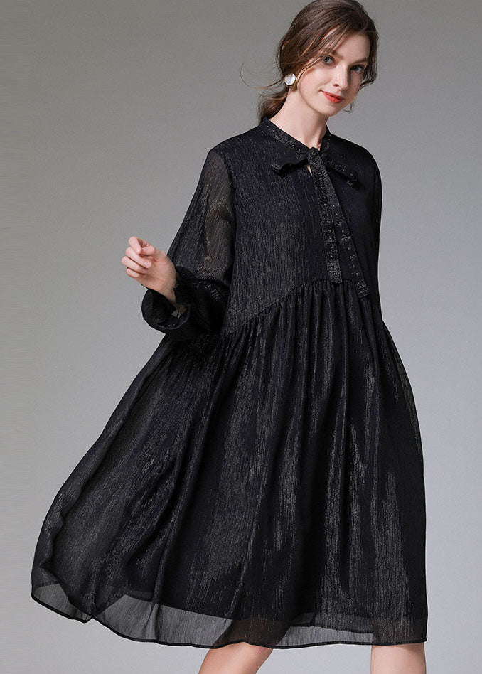 Black O-neck Patchwork Wrinkled Chiffon Mid Dresses Long Sleeve