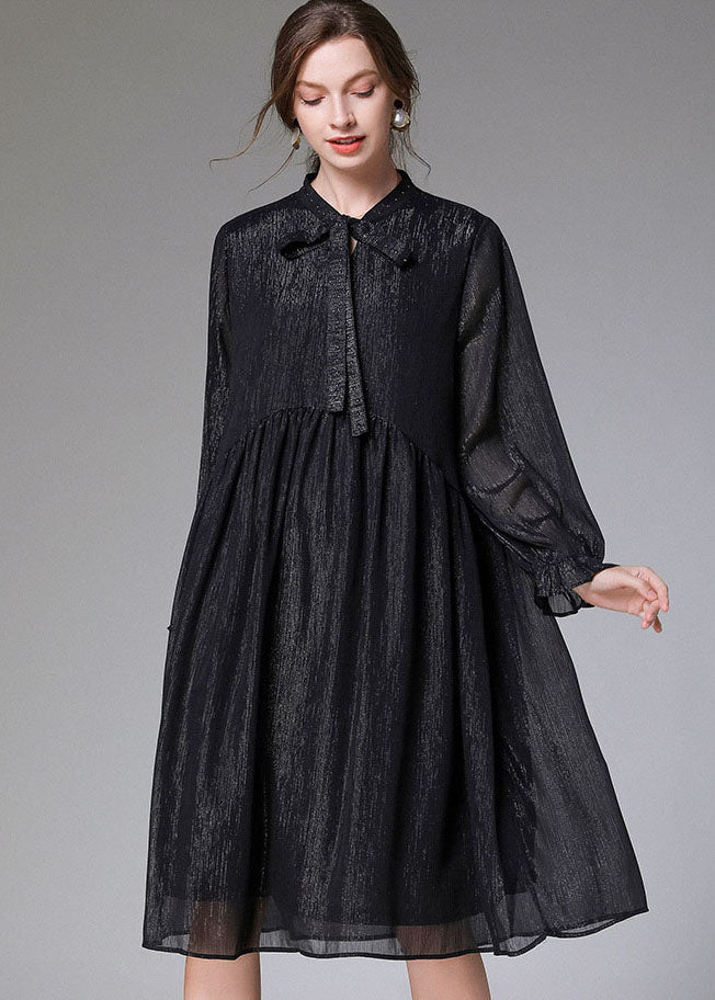 Black O-neck Patchwork Wrinkled Chiffon Mid Dresses Long Sleeve