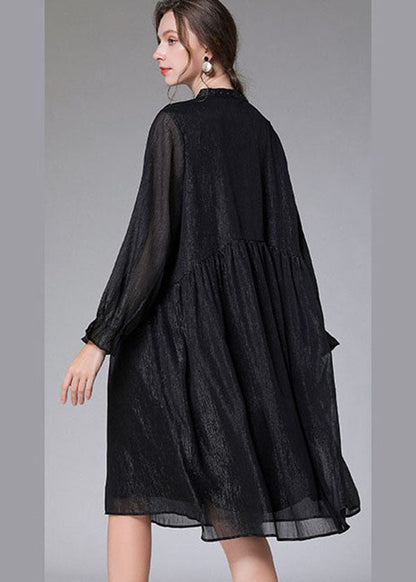 Black O-neck Patchwork Wrinkled Chiffon Mid Dresses Long Sleeve