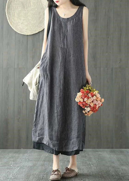 Black O Neck Pockets Linen Long Dresses Sleeveless