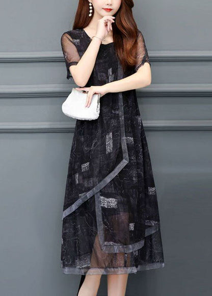 Black O-neck Print Chiffon Holiday Dress Summer