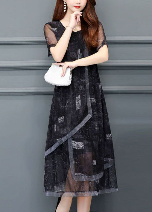 Black O-neck Print Chiffon Holiday Dress Summer