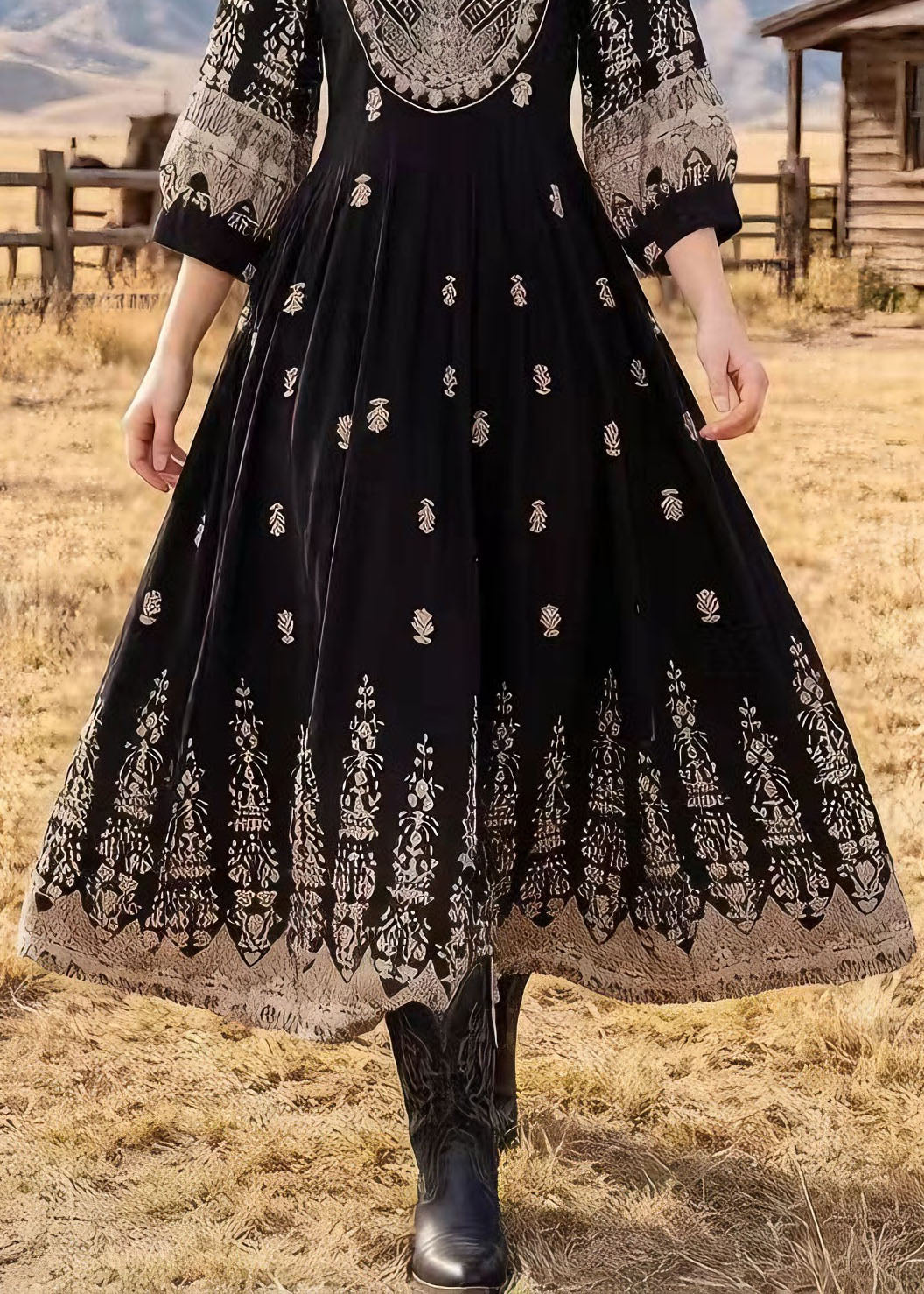 Black O Neck Print Cotton Dresses Bracelet Sleeve