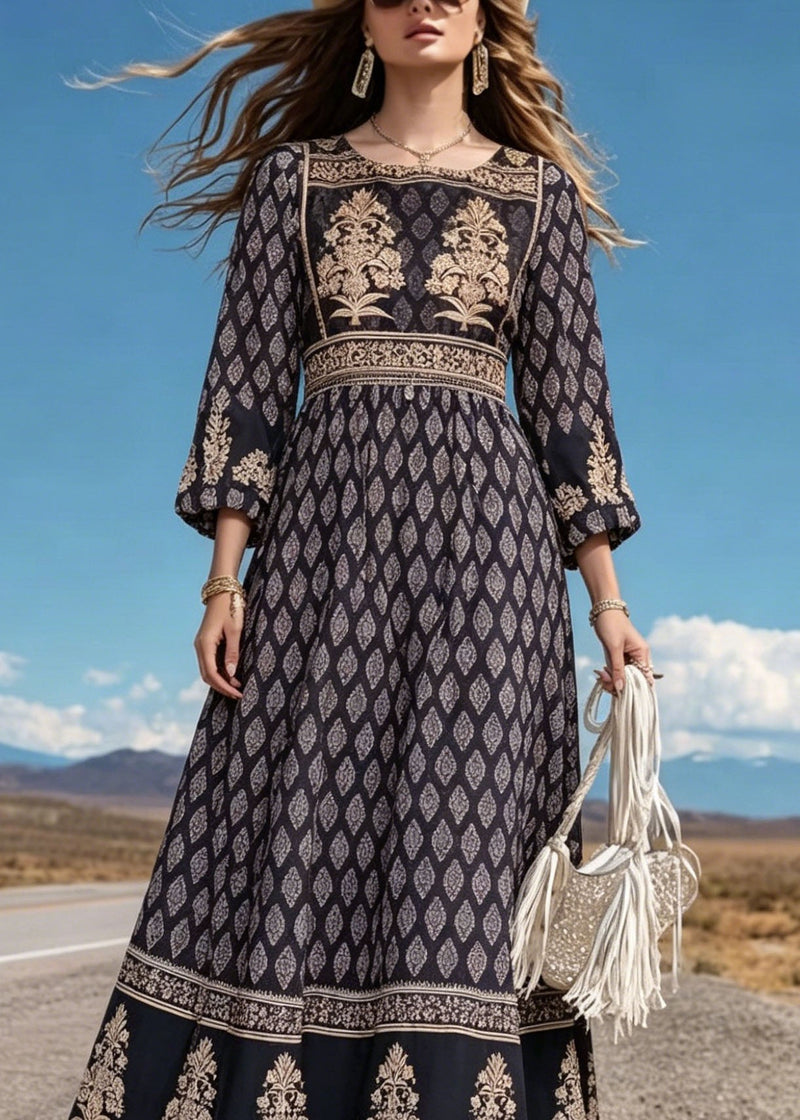 Black O Neck Print Cotton Long Dress Summer