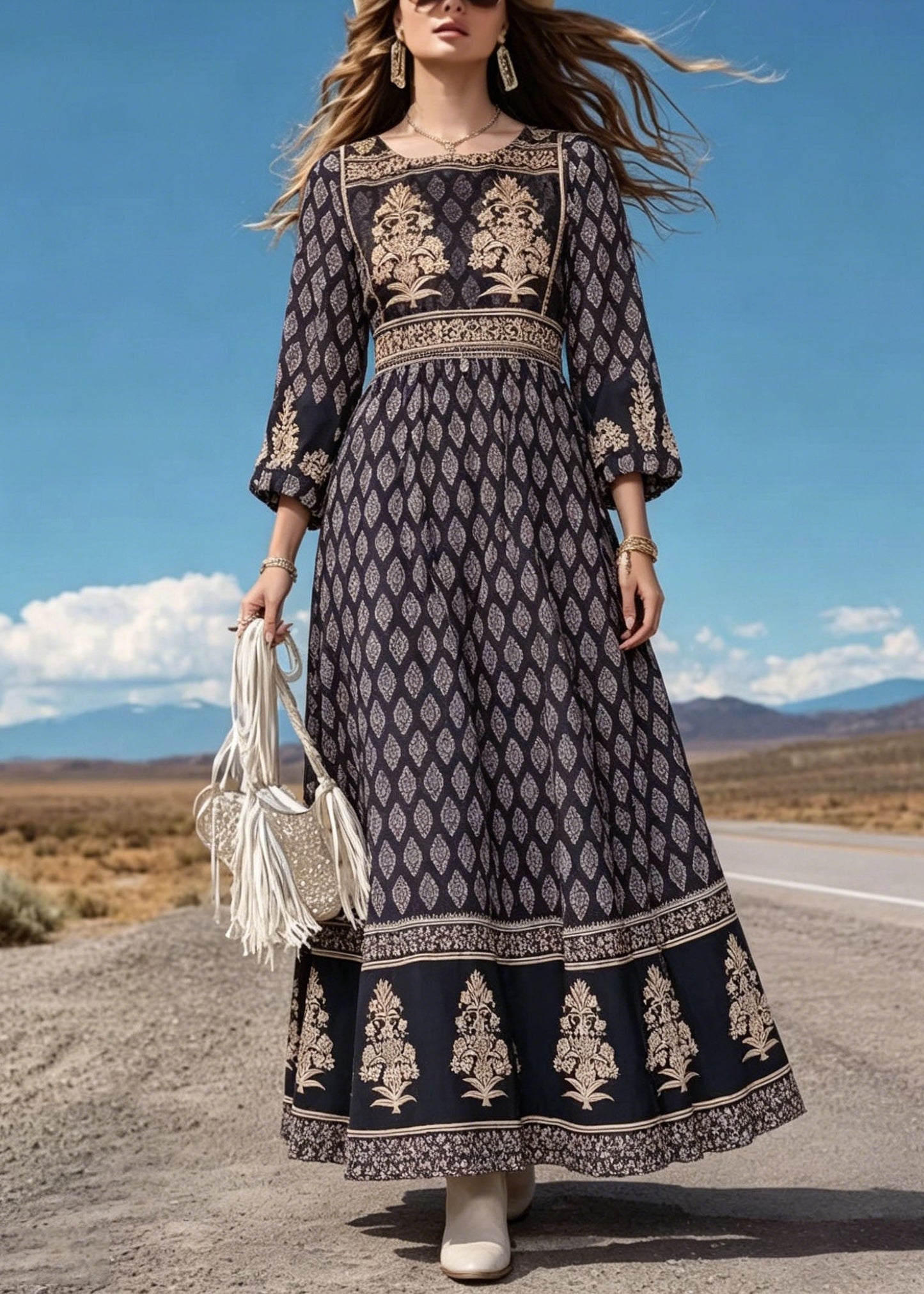 Black O Neck Print Cotton Long Dress Summer