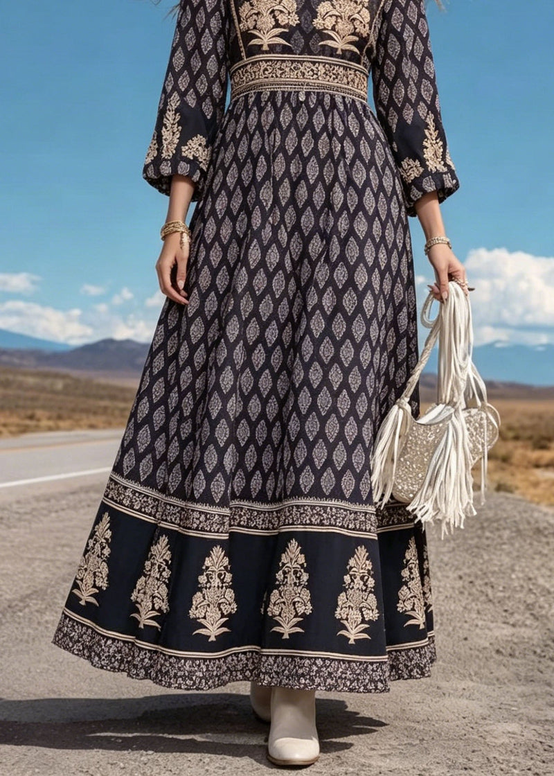 Black O Neck Print Cotton Long Dress Summer