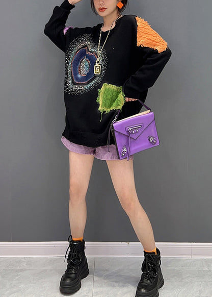 Black O-neck Print Patchwork Knit Sweaters Fall