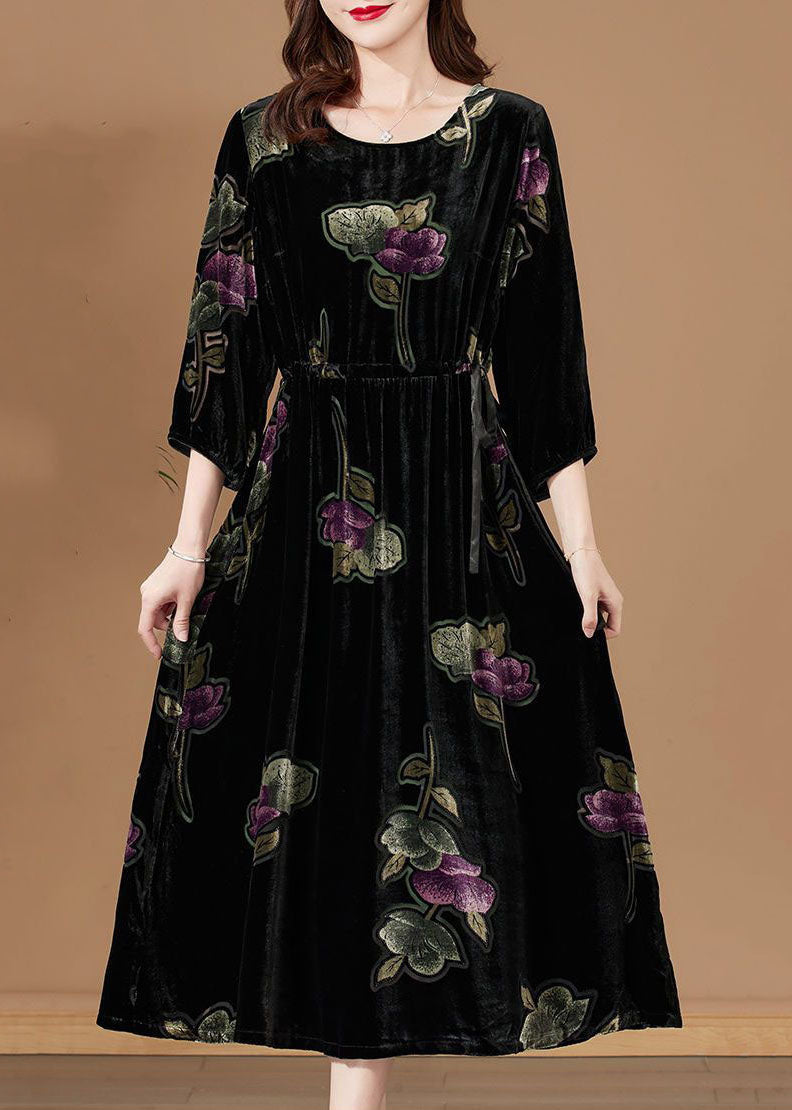 Black O-neck Print Velour Party Dress Bracelet Sleeve