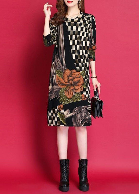 Black O-neck Print Woolen Knitwear Dress Fall