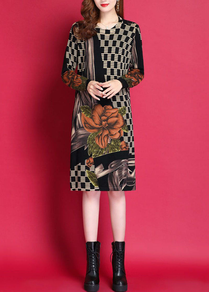 Black O-neck Print Woolen Knitwear Dress Fall