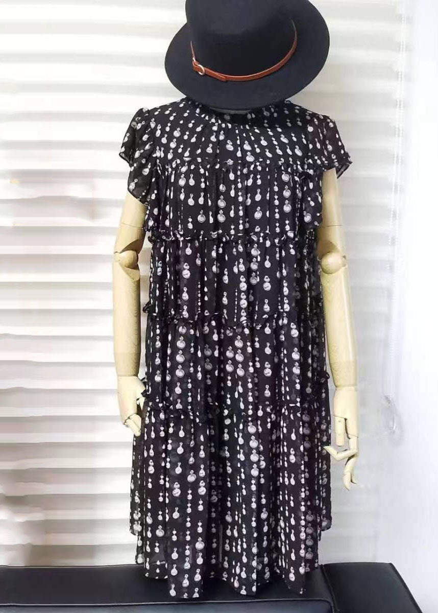 Black O-neck Ruffled Patchwork Dot Print Long Dress Short Sleeve