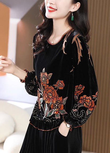 Black O Neck Ruffled Print Silk Velour Tops Long Sleeve