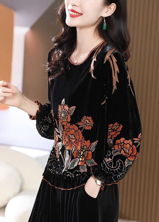 Black O Neck Ruffled Print Silk Velour Tops Long Sleeve